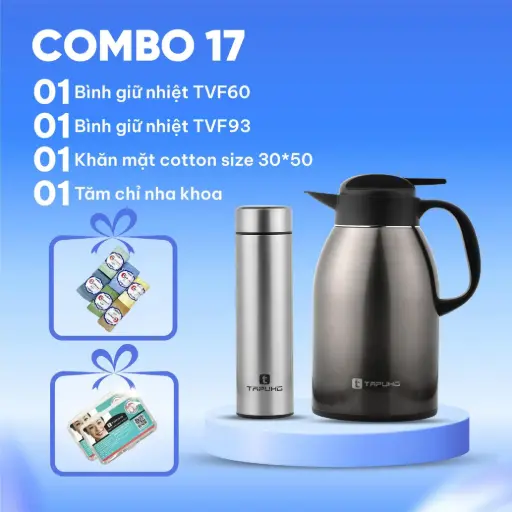 Combo (1 Bình giữ nhiệt TVF60 + 1 Bình giữ nhiệt TVF93 + 1 Khăn mặt cotton size 30×50 + 1 Tăm chỉ nha khoa)